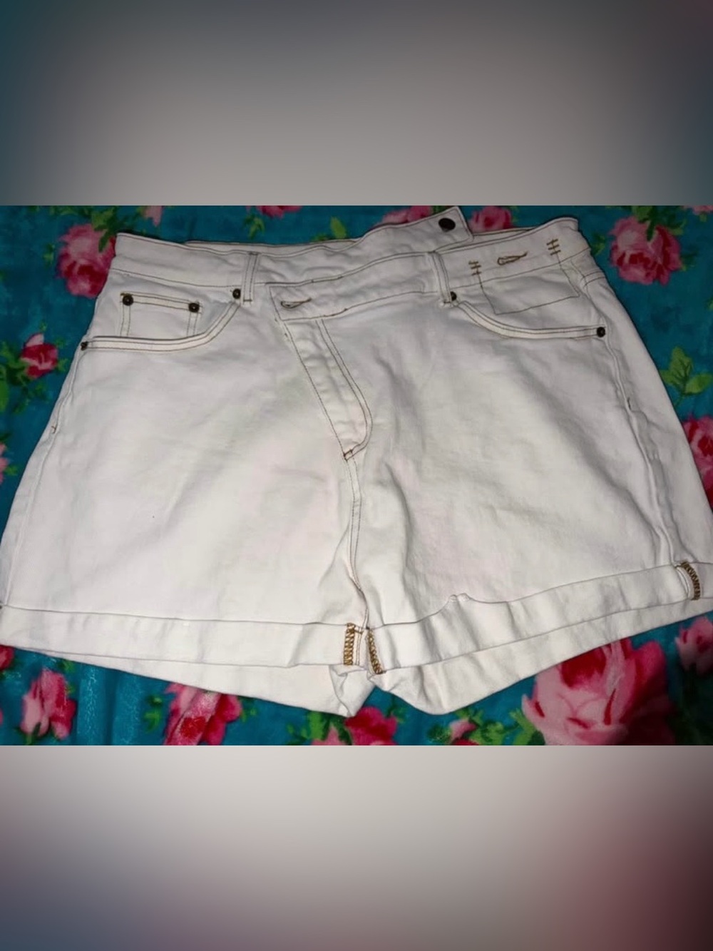 Women’s White Denim Shorts with Gold Accent
